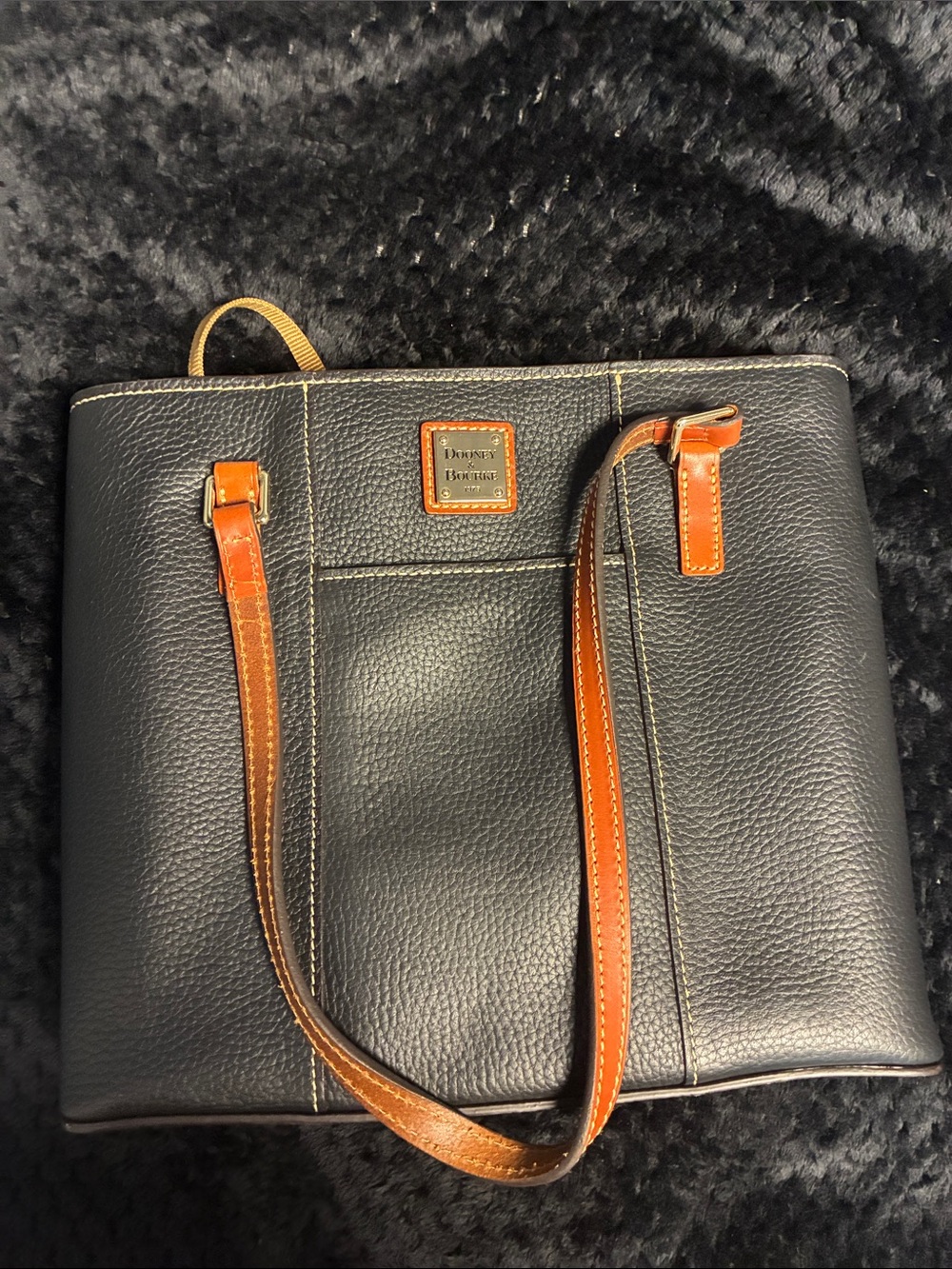 Dooney & Bourke Small Lexington Black Leather Tote with Brown Trim and Straps